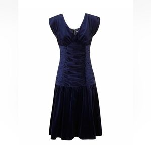 V-Neck Midnight Blue Midi Dress with Ruched Bodice